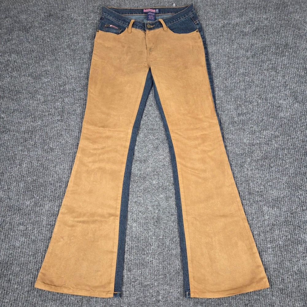 Bubblegum USA Women's Sz 7/8 Mixed Media Flare Jeans Faux Suede Denim Blue Brown
